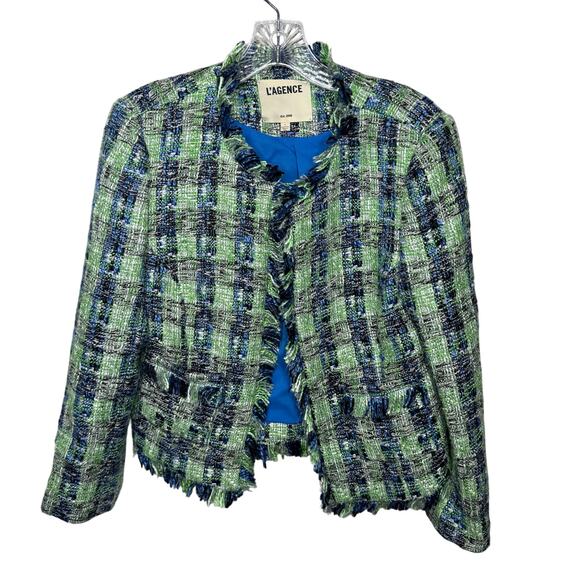L’Agence Women’s Size 4 Plaid Tweed Fringe Jacket Green Blue Open Front Blazer - Picture 1 of 9